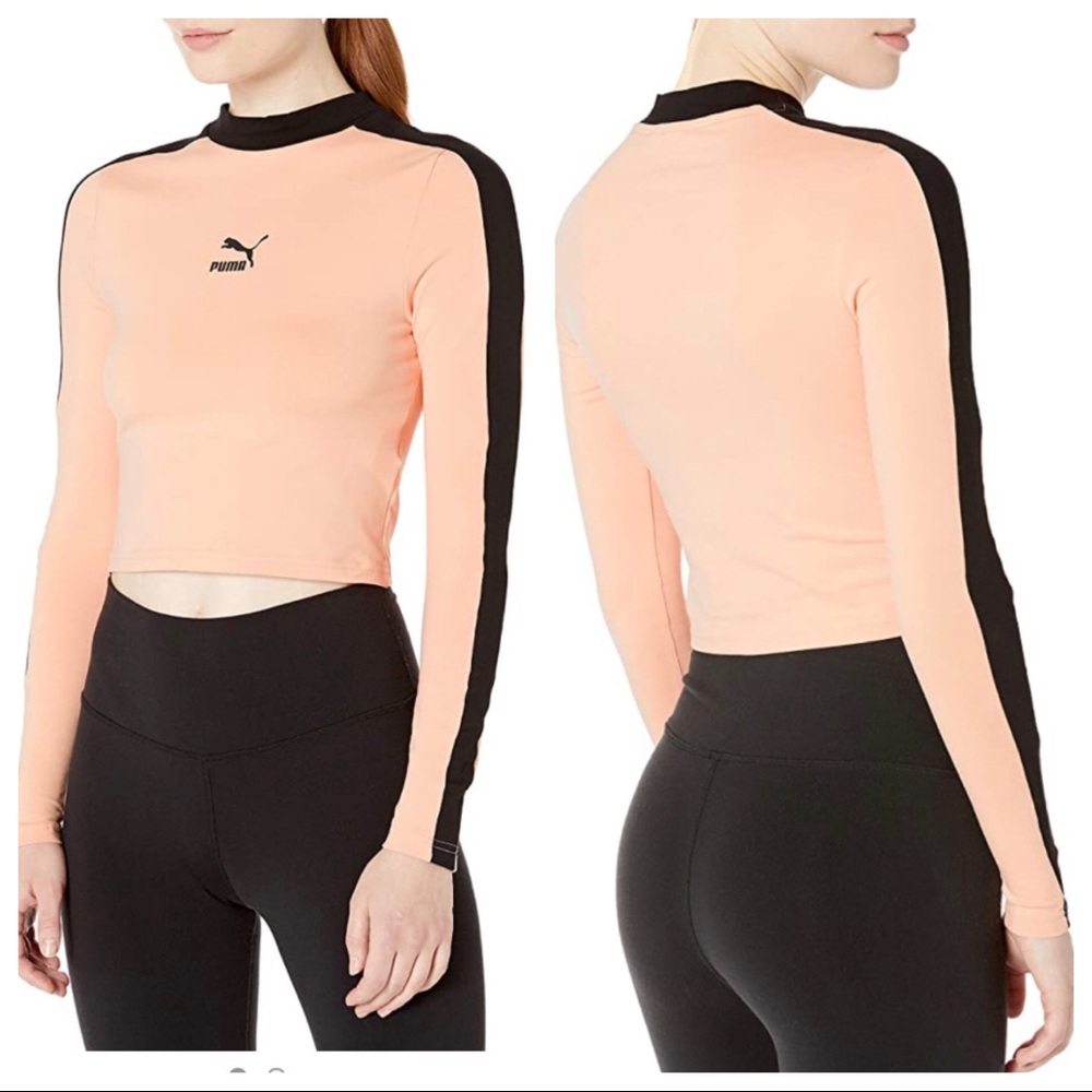 Puma Classic Cropped Top Peach With Black Strip Long Sleeve Size L